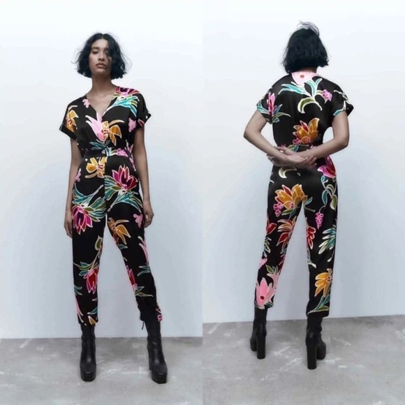 Zara Satin Black Floral Pink Colorful Formal Short Sleeve Zipup Jumpsuit Office - Picture 1 of 16